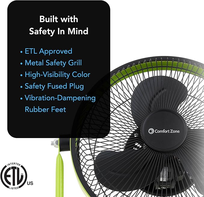 Comfort Zone 12-Inch Low-Profile High-Velocity Desk or Floor Fan, 3-Speed Metal Cradle Fan with 180° Tilt, Quiet 523 CFM Airflow for Home, Office, & Gym, Fully Assembled