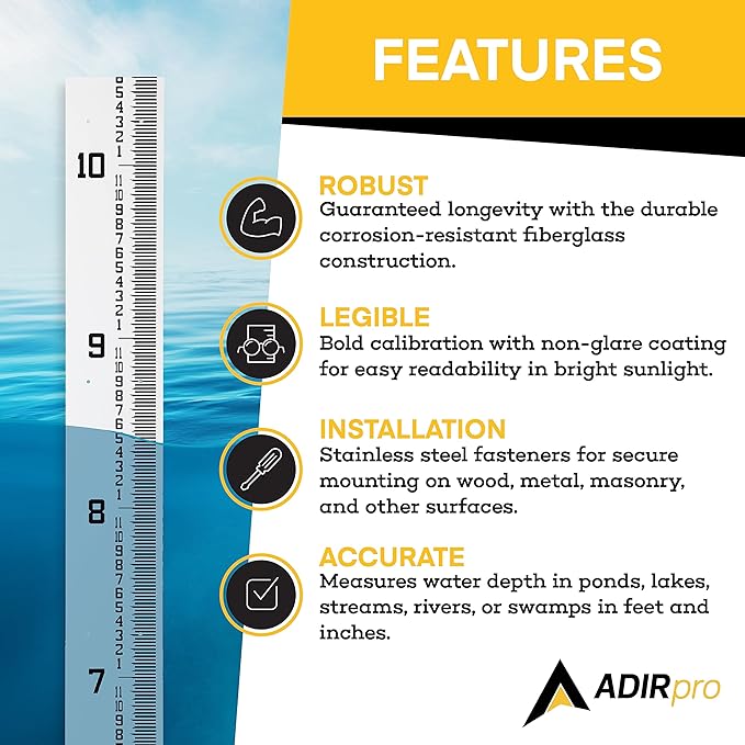 AdirPro 7" Wide Stream Gauge - Heavy Duty & All Weather - Water Depth & Flow Meters - Graduated in Feet/Inches (5-10')