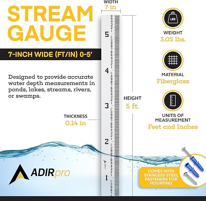 AdirPro 7" Wide Stream Gauge - Heavy Duty Staff Gauge - All Weather Gauge - Water Depth Gauge - Flow Meters - Graduated in Feet/Inches (0-5')