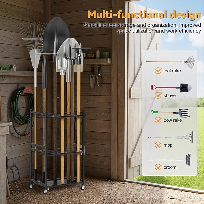 Garden Garage Tool Organizer 35-Slot with Wheels, Adjustable Feet Yard Tool Rack for Shovels, Rakes, Brooms and Cleaning Equipment Black
