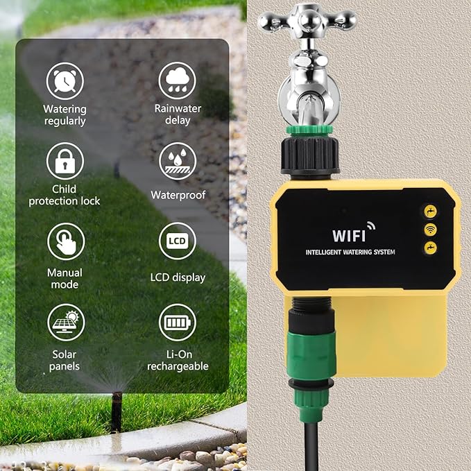 WALFRONT Smart WiFi Water Timer Adjustable 90° Solar Panel Sprinkler Timer for Garden Hose Rain Sensing Feature Automatic Irrigation Controller System