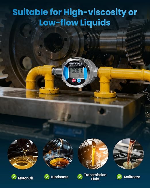 1/2" NPT Digital Gear Flow Meter, ±0.5% Accuracy, 0.05–6.6 GPM, for Low-Flow, High-Viscosity Liquids, Compatible with Motor Oil, Lubricants, Antifreeze & Hydraulic Systems