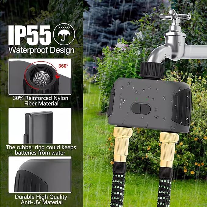 Bluetooth Irrigation Timer, 2 Outlets Smart Water Valve Controller, Adjustable Watering Program Timer with Weather Delay, Ideal for Drip & Sprinkler Irrigation Systems