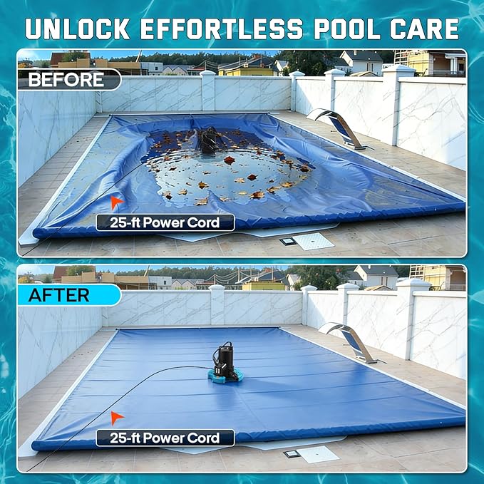 1/3HP Automatic Pool Cover Water Pump, 3035GPH Submersible Sump Pump w/Filter Net, 25ft Power Cord & Check Valve, Water Removal for Swimming Pool, Hot Tubs, Rooftops, Water Beds