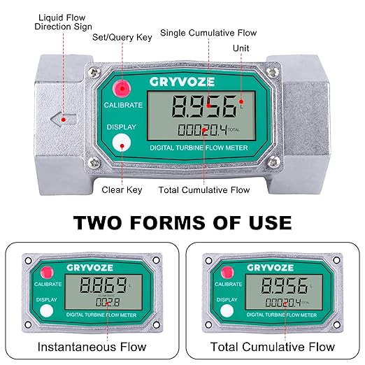 1.5 Inch NPT Digital Flow Meter, 10.5-74 GPM Inline Fuel Turbine Flowmeter with LCD Display for Water, Diesel, Gas Oil, Gasoline, and Other Liquids - Supports Gallon, QTS, PTS, L, m³