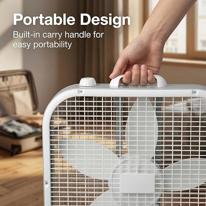 20-Inch Box Fan with Weather-Resistant Motor, 3-Speed Floor and Window Cooling Fan with Plastic Frame, Portable Carry Handle, 72-Inch Cord for Bedroom, Garage, Dorm, White