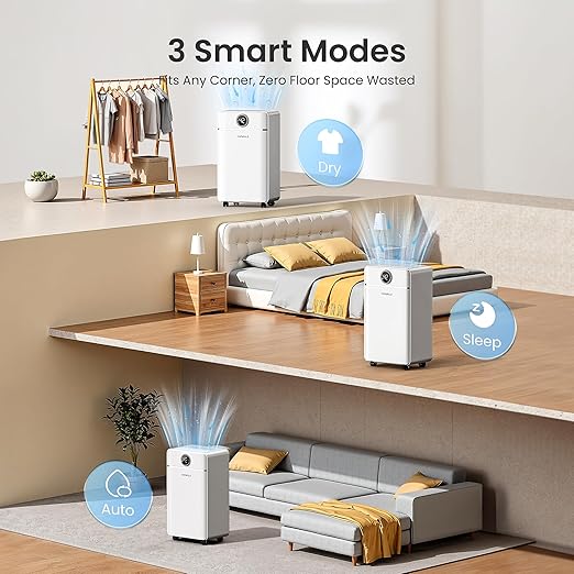 CHIVALZ 1800 Sq.Ft Dehumidifier for Basement, Quiet Dehumidifier for Home, Bedroom, Bathroom, Humidity Display, with Drain Hose, Auto Shut Off, 3 Modes, Timer, Auto Defrost, Child Lock, White 1Pack