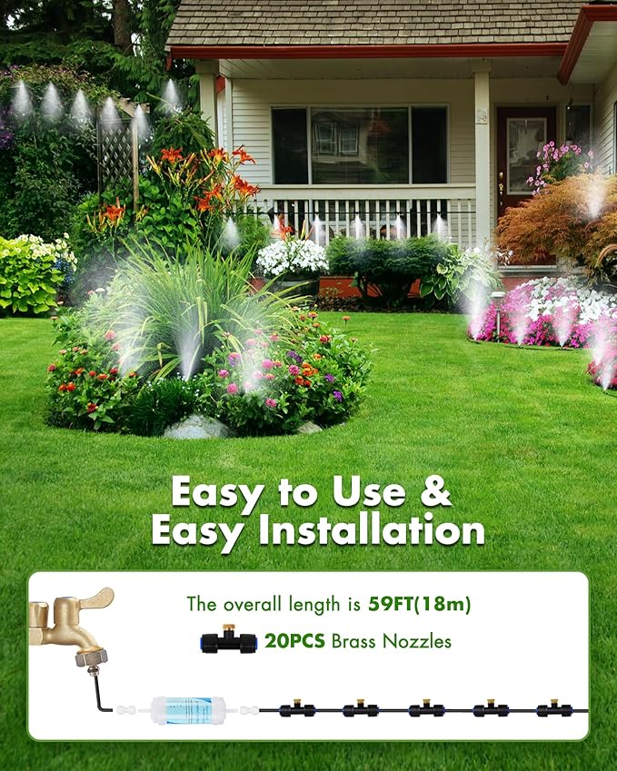 Misters for Outside Patio with Water Filter - 59Ft(18M) Misting system Line 20 Brass Mist Nozzles Brass Adapter(3/4") Patio Misters for Cooling Outdoor Greenhouse Backyard Porch Garden BBQ Party Pool