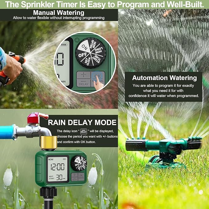 1 Zones Brass Inlet & Outlet 2 Pack Water Timer for Outdoor Garden Hose, Sprinkler Timer for Garden Faucet with Auto/Manual/Rain Delay Mode, Sprinkler Irrigation Controller for Yard Lawn