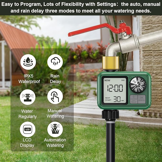 1 Zones Brass Inlet & Outlet Water Timer for Outdoor Garden Hose, Sprinkler Timer for Garden Faucet with Auto/Manual/Rain Delay Mode, Sprinkler Irrigation Controller for Yard Lawn