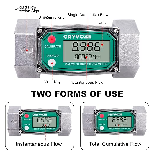 1.5 Inch NPT Fuel Flow Meter, 10.5-74 GPM 1-1/2" Inline Digital Turbine Flowmeter with LCD Display for Water, Diesel, Gas Oil, Gasoline, and Other Liquids - Supports Gallon, QTS, PTS, L, m³
