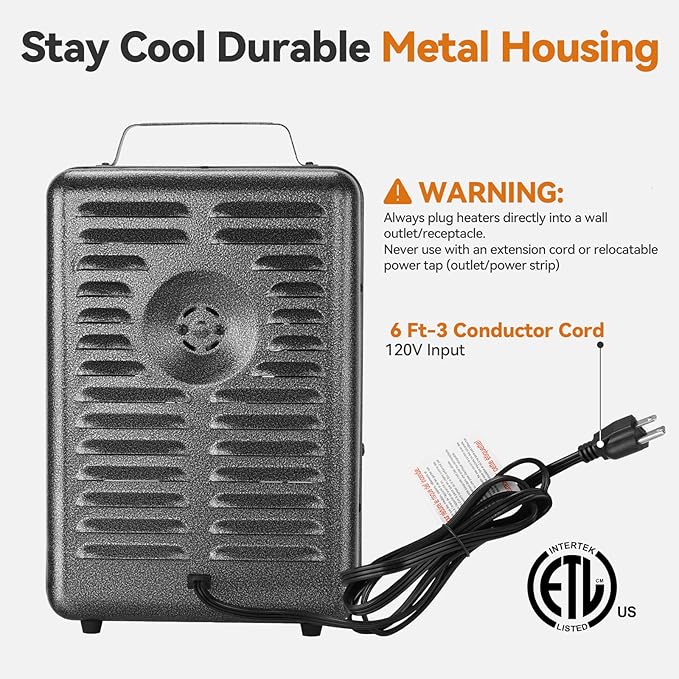 Shinic Space Heater,1500W Milkhouse Heater with Thermostat, Stay Cool Durable Metal Housing, Overheat protection, 3-Prong Plug, Tip-Over Auto Shut Off, Utility Heater for Garage, Bedroom, Greenhouse