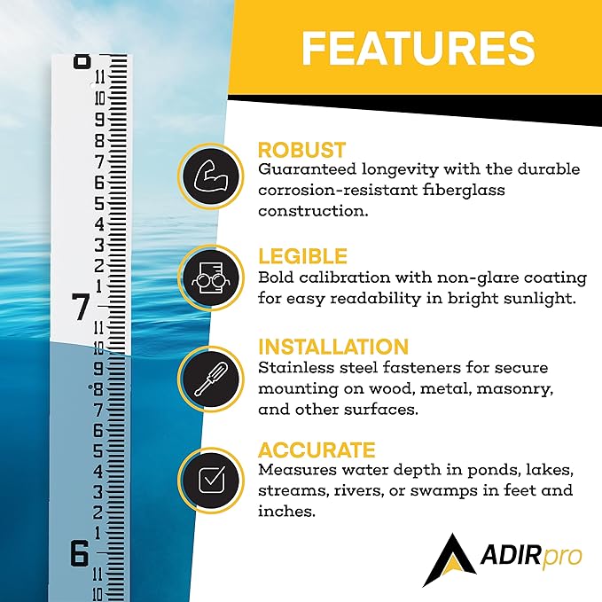 AdirPro 4" Wide Stream Gauge - Heavy Duty Staff Gauge - All Weather Gauge - Water Depth Gauge - Flow Meters - Graduated in Feet/Inches (4-8')