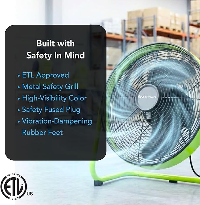 Comfort Zone 18-Inch High-Velocity Industrial Floor Fan, Heavy-Duty 3-Speed Metal Shop Fan with 180° Adjustable Tilt & Carry Handle, Quiet Vibration-Free Cooling for Garage, Workshop, & Home