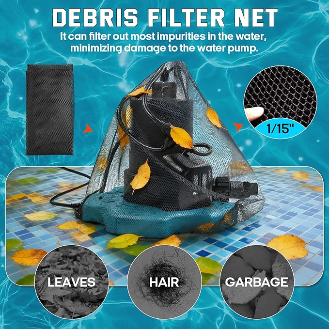 1/3HP Automatic Pool Cover Water Pump, 3035GPH Submersible Sump Pump w/Filter Net, 25ft Power Cord & Check Valve, Water Removal for Swimming Pool, Hot Tubs, Rooftops, Water Beds