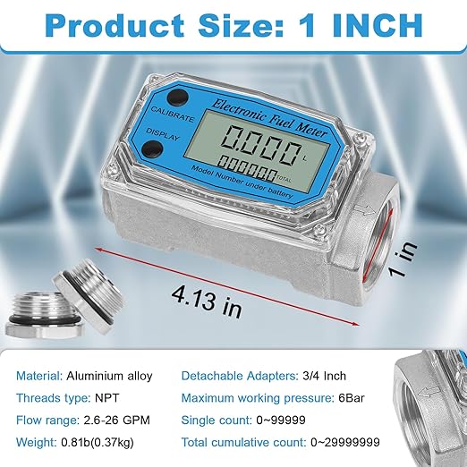 1" 2.6-26 GPM Inline NPT Thread Flowmeter, Digital Turbine Fuel Flow Meter, for Water, Diesel, Gas Oil, Gasoline, and Other Liquids - Supports Gallon, QTS, PTS, L, m³ with 3/4 in Adapters
