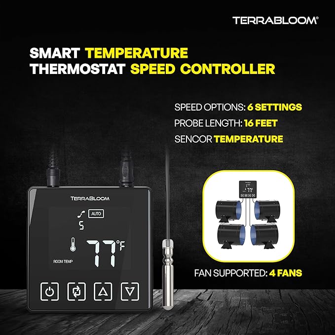 TerraBloom 12 Inch Inline Fan EC - Quiet HVAC Grow Tent Fan with 0-100% Temperature Thermostat Speed Controller - Premium Metal Casing 40-75% Energy Efficient EC Motor - For Large Spaces
