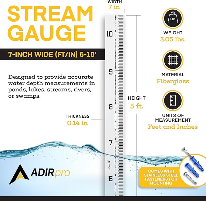 AdirPro 7" Wide Stream Gauge - Heavy Duty & All Weather - Water Depth & Flow Meters - Graduated in Feet/Inches (5-10')