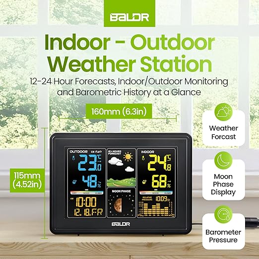 BALDR Wireless Digital Weather Station - Indoor Outdoor Thermometer Wireless Home Weather Station with Remote Sensor, Atomic Alarm Clock, Moon Phase & Barometric History Display, Weather Clock