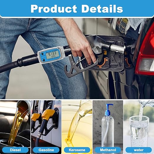 1" Digital Turbine Fuel Flow Meter, 2.6-26 GPM with 3/4" Adapters for Diesel, Gasoline, Oil & Water - Supports GPM, GPH, L, m³