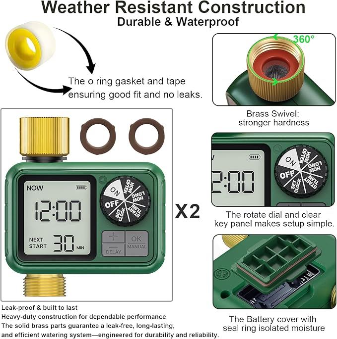 1 Zones Brass Inlet & Outlet 2 Pack Water Timer for Outdoor Garden Hose, Sprinkler Timer for Garden Faucet with Auto/Manual/Rain Delay Mode, Sprinkler Irrigation Controller for Yard Lawn