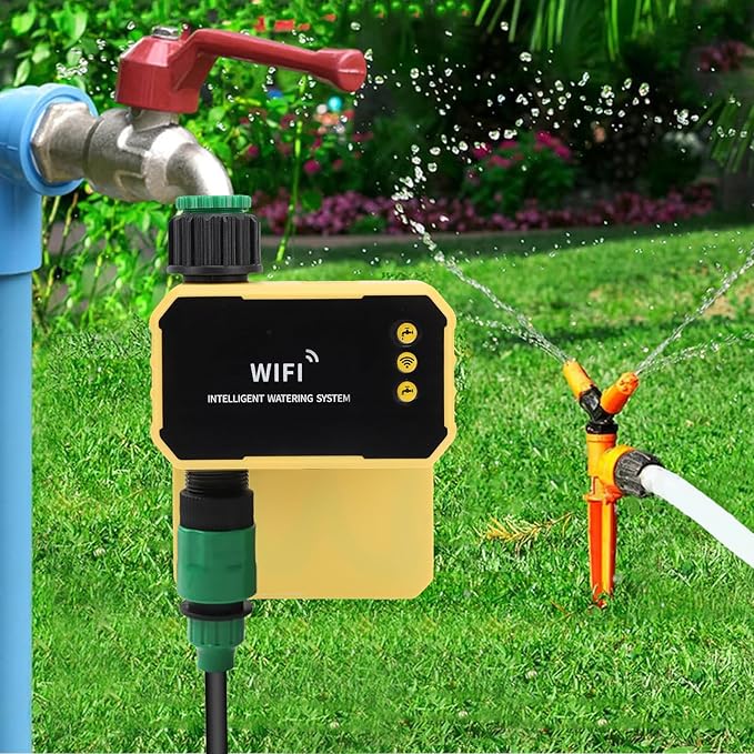 WALFRONT Smart WiFi Water Timer Adjustable 90° Solar Panel Sprinkler Timer for Garden Hose Rain Sensing Feature Automatic Irrigation Controller System