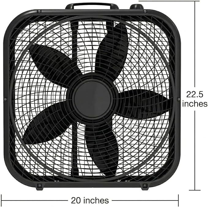 20-Inch Box Fan with Weather-Resistant Motor, 3-Speed Floor and Window Cooling Fan with Plastic Frame, Portable Carry Handle, 72-Inch Cord for Bedroom, Garage, Dorm, Black