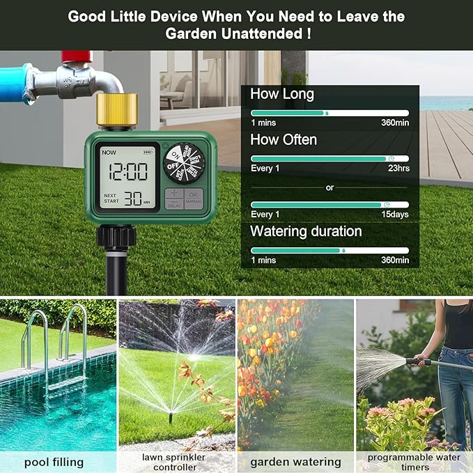 1 Zones Brass Inlet & Outlet Water Timer for Outdoor Garden Hose, Sprinkler Timer for Garden Faucet with Auto/Manual/Rain Delay Mode, Sprinkler Irrigation Controller for Yard Lawn