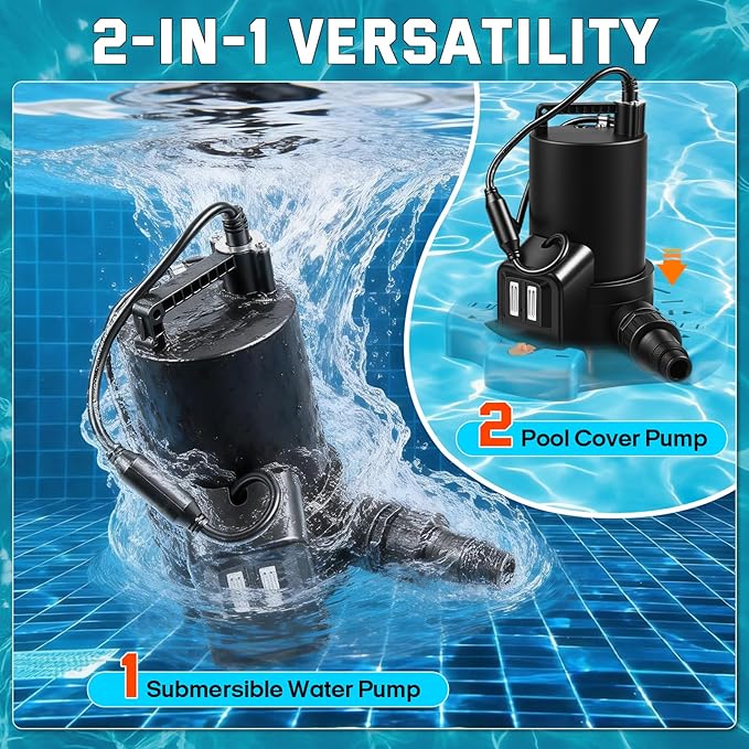 1/3HP Automatic Pool Cover Water Pump, 3035GPH Submersible Sump Pump w/Filter Net, 25ft Power Cord & Check Valve, Water Removal for Swimming Pool, Hot Tubs, Rooftops, Water Beds