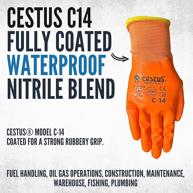 Cestus C-14, 12 Pairs Nitrile Coated Work Gloves for Men, Waterproof Safety Gloves for Fuel Handling, Construction, Warehouse