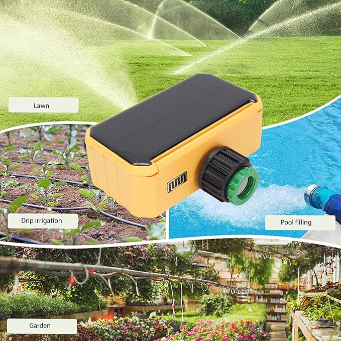 Solar Panel Sprinkler Timer, Double Outlet Smart Water Timer with Rain Sensor, Automatic Watering Valve Irrigation Controller System for Garden Hose Lawns Yard