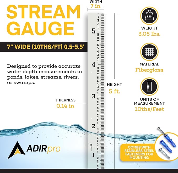 AdirPro 7" Wide Stream Gauge - Heavy Duty Staff - All Weather Gauge - Flow Meters 0.5' - 5.5'(100ths/10ths/feet)