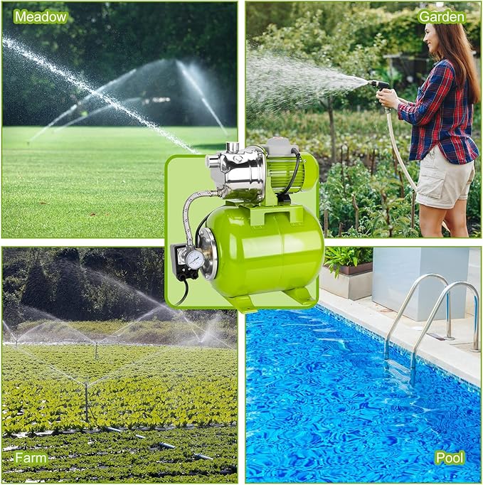 1.6HP Shallow Well Pump with Pressure Tank, 115V, Stainless Steel Irrigation, Automatic Water Booster Jet Pump for Home, Garden, and Lawn Use – Reliable Water Supply Solution