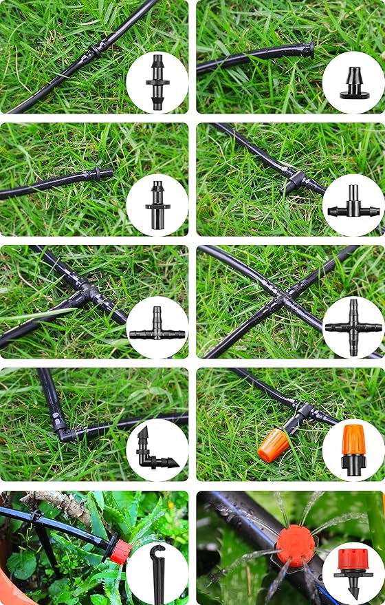 Drip Irrigation Fittings Kit for 1/4 Inch Tubing, 240 Pcs 1/4" Drip Line Barbed Connectors for Drip Systems - Nozzles,Micro Drips,Single Barbs,Tees,Couplings,Cross,End Plugs,Elbows,Hose Stakes