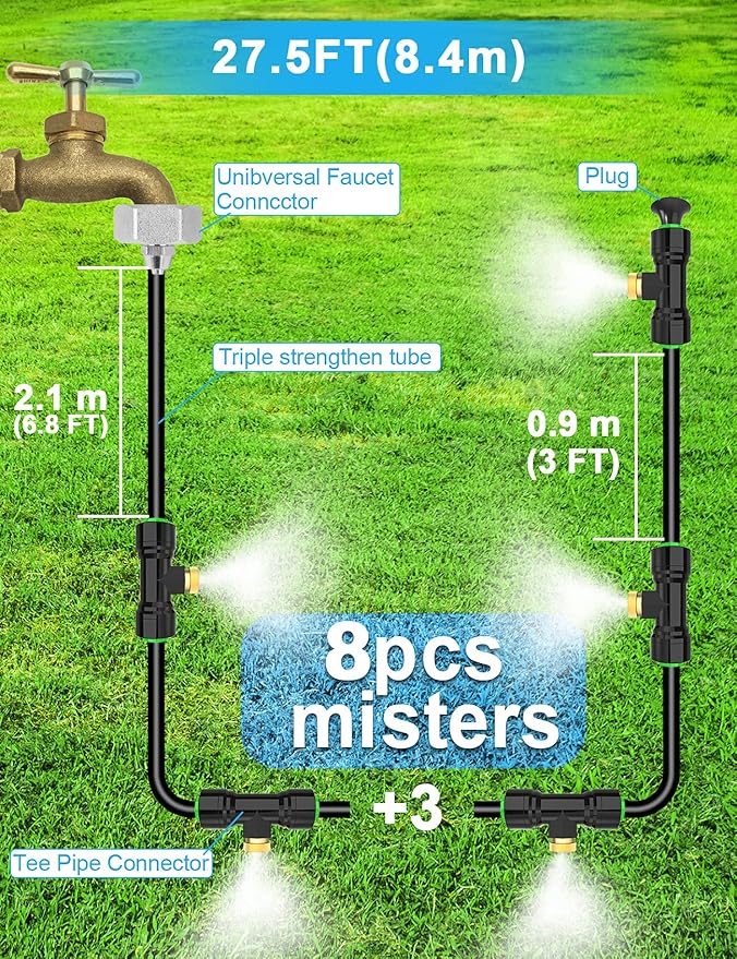Lekit Misters for Outside Patio 27.5FT(8.4M)+8 Brass Mist Nozzles+a Brass Adapter(3/4") Detachable Outdoor misting Cooling System for Garden, Waterpark, Greenhouse, Backyard